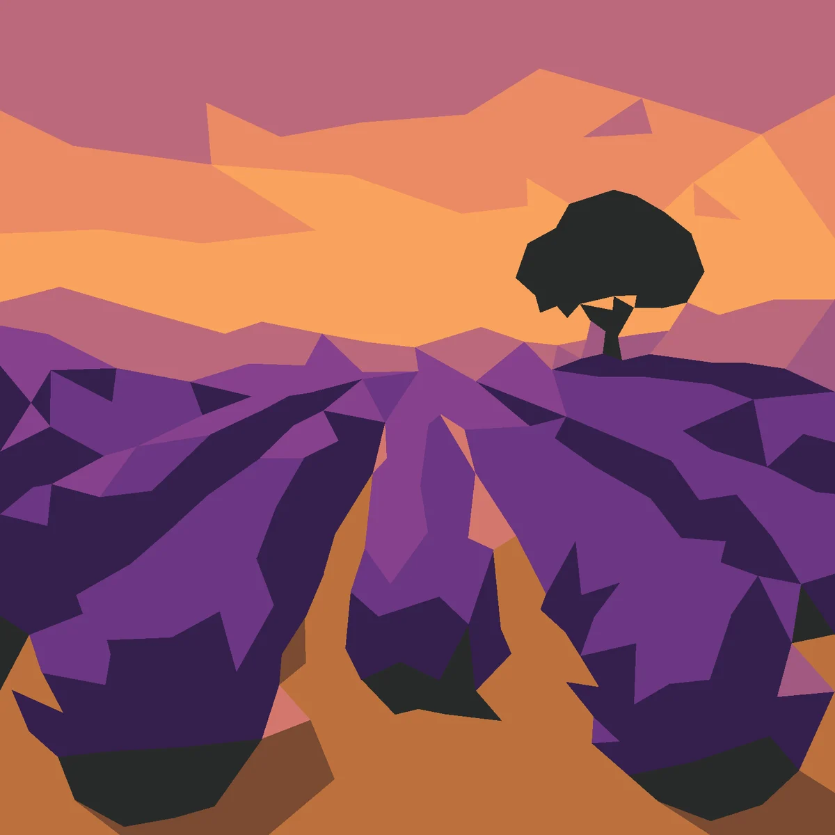 Triangulated lavender fields at sunset